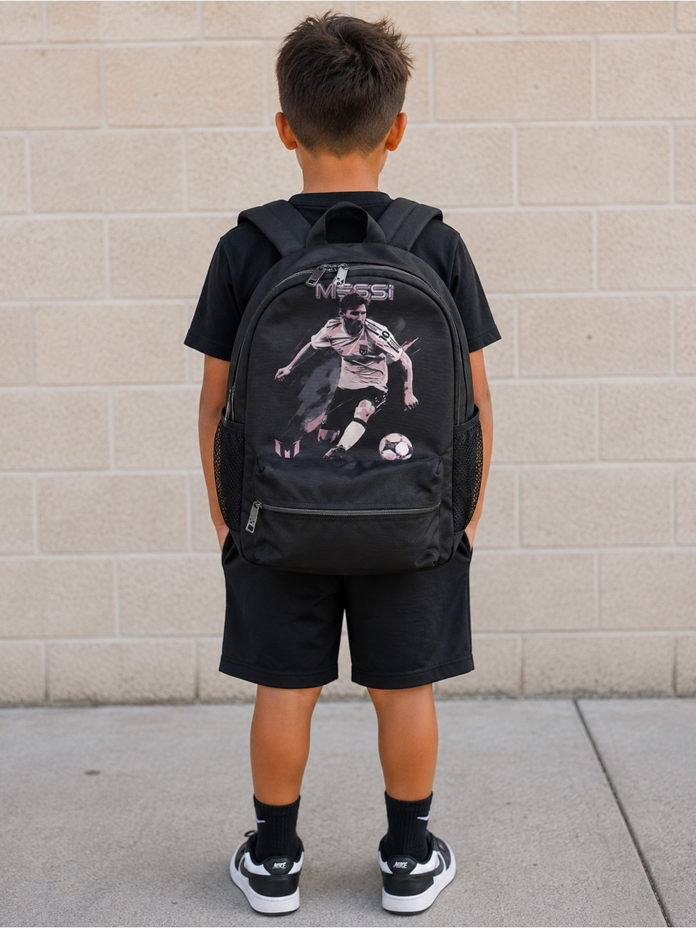 Black Messi backpack with graphic of a soccer player in action